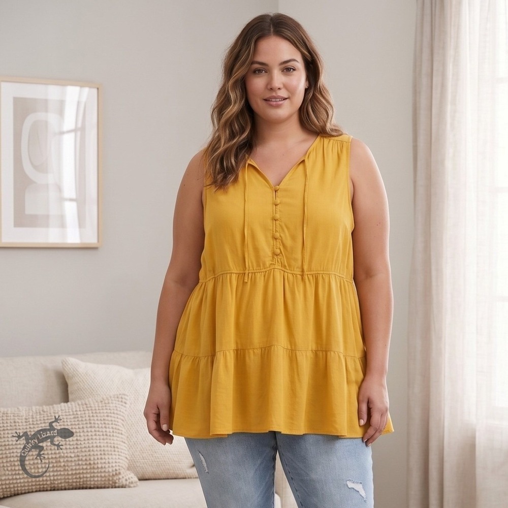 Torrid Tiered Sleeveless Tunic 4 Mustard Yellowโ Boho Button V Neck Babydoll Top